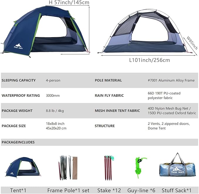 ThreeBears 4-Person Backpacking Tent Shelter, 3000mm Waterproof, Easy Setup, Spacious for Family Outdoor Adventures, Hiking, and Camping Trips