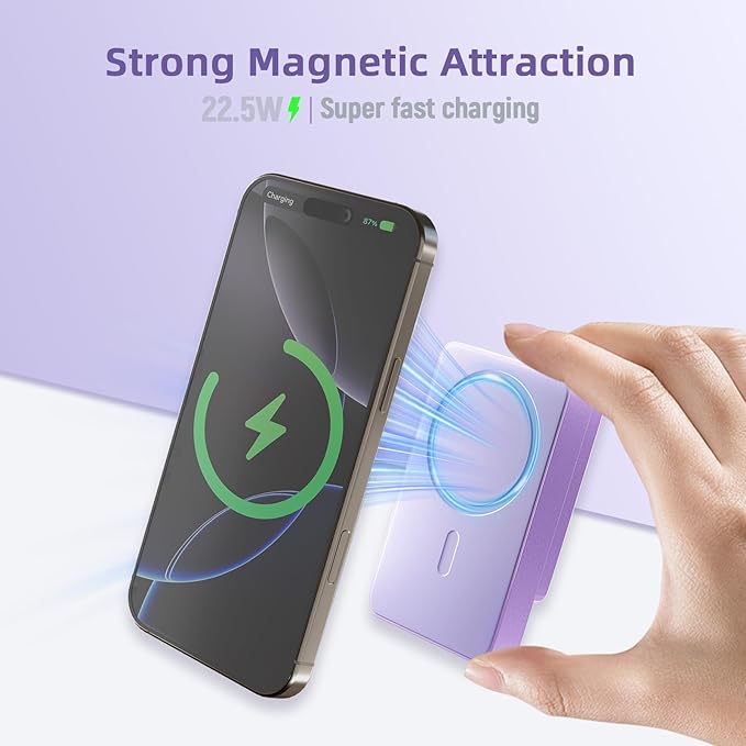 Magnetic Power Bank, 10000mAh Magnetic Portable Charger, 22.5W Wireless Power Bank, USB-C Fast Charging, LED Display Magnetic Battery Pack, Compatible for iPhone17/16/15/14/13 Pro/Pro Max/Plus(Purple)
