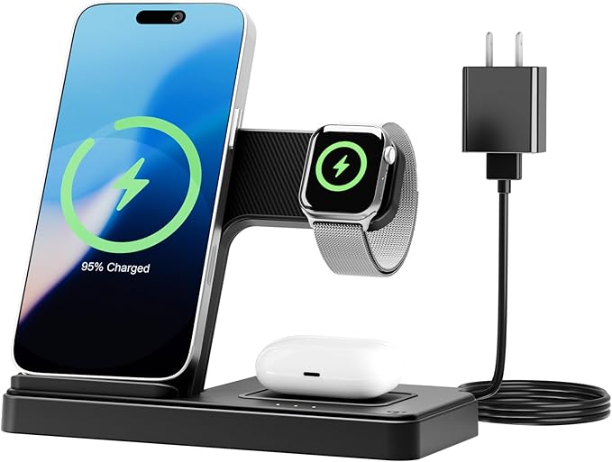 Wireless Charging Station for Apple Devices: 3 in 1 Foldable Qi Compact Case-Friendly Charger Stand for iPhone 17-12 & Apple Watch & AirPods Charging Dock for Travel Home Office Desk Nightstand(Black)