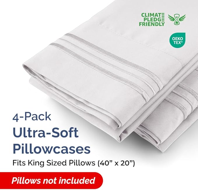 Pillowcases - Ultra Soft Hotel Quality Pillowcase Covers - Comfy, Cozy & Wrinkle Free - Shrinkage and Fade Resistant - Machine Washable Pillow Protectors - (King, French Grey, 4 Piece Set)