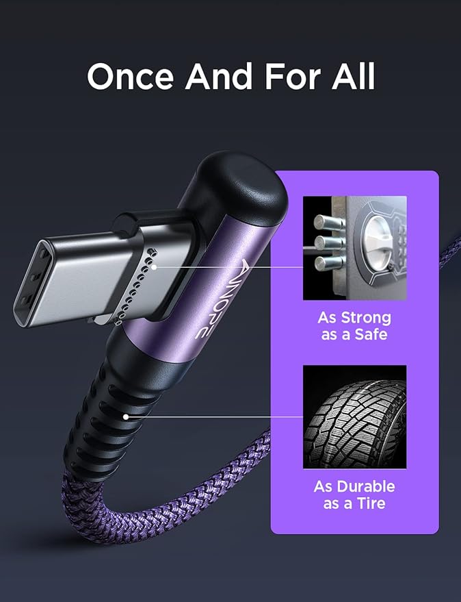 AINOPE USB C Cable 60W 2-Pack 3.3ft Nylon Braided USB C to USB C Cable Type C Charger Fast Charging Right Angle USBC Cable Charger Cord for iPhone 16 Pro Max 15 Plus Samsung S24 S23 iPad Pro Purple
