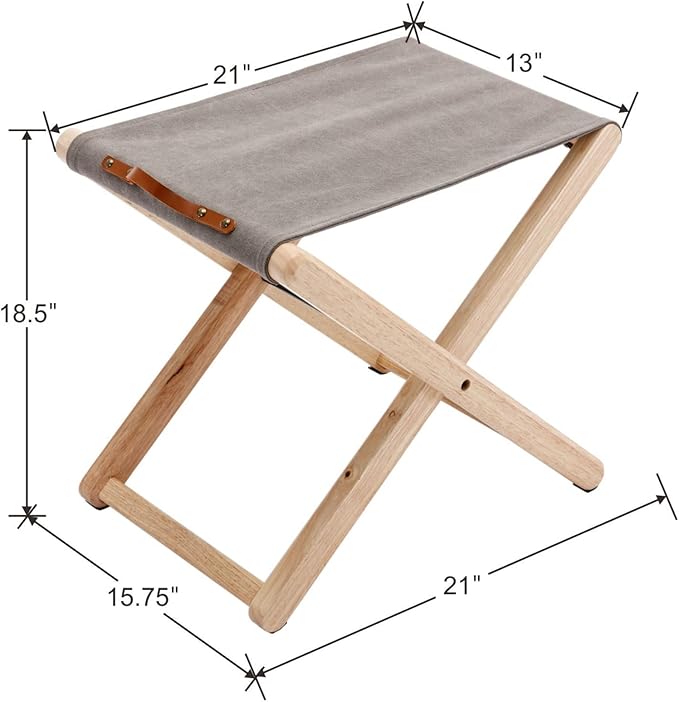 Folding Canvas Camp Stools Set of 2, Wood Folding Camping Stool Patio Portable Foot Stool for Garden Outdoor Fishing Picnic Travel BBQ, Grey