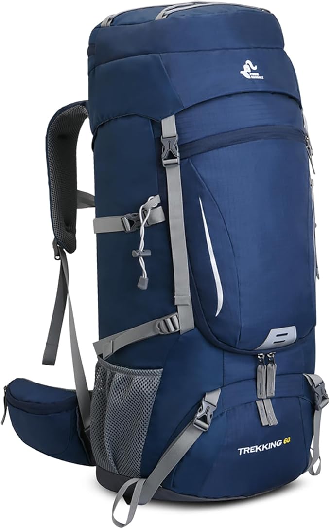 Bseash 60L Waterproof Hiking Camping Backpack with Rain Cover, Lightweight Outdoor Sport Travel Daypack for Climbing Touring (Blue)