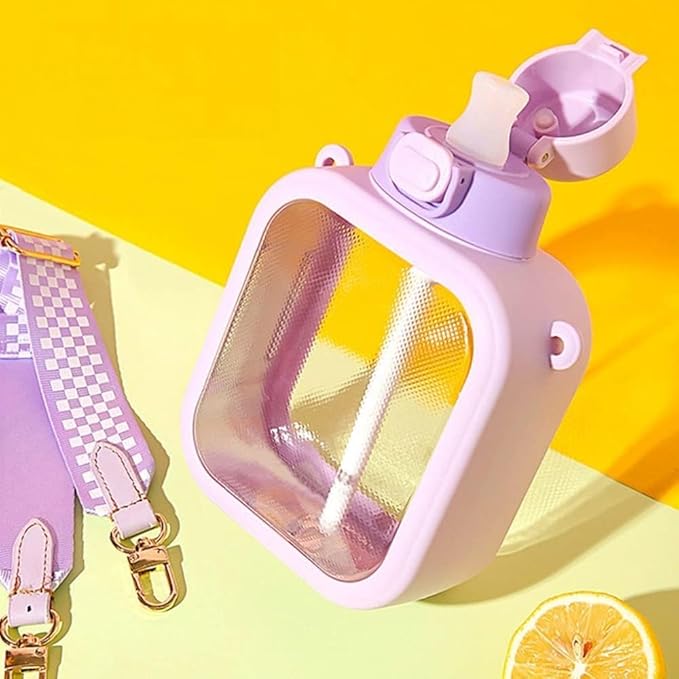 Kawaii Water Bottles with Strap and Straw 24 Oz Square Water Bottle Cute Flat Travel Canteen Leak-proof Water Bottles for Girls Sports School (Green, L)