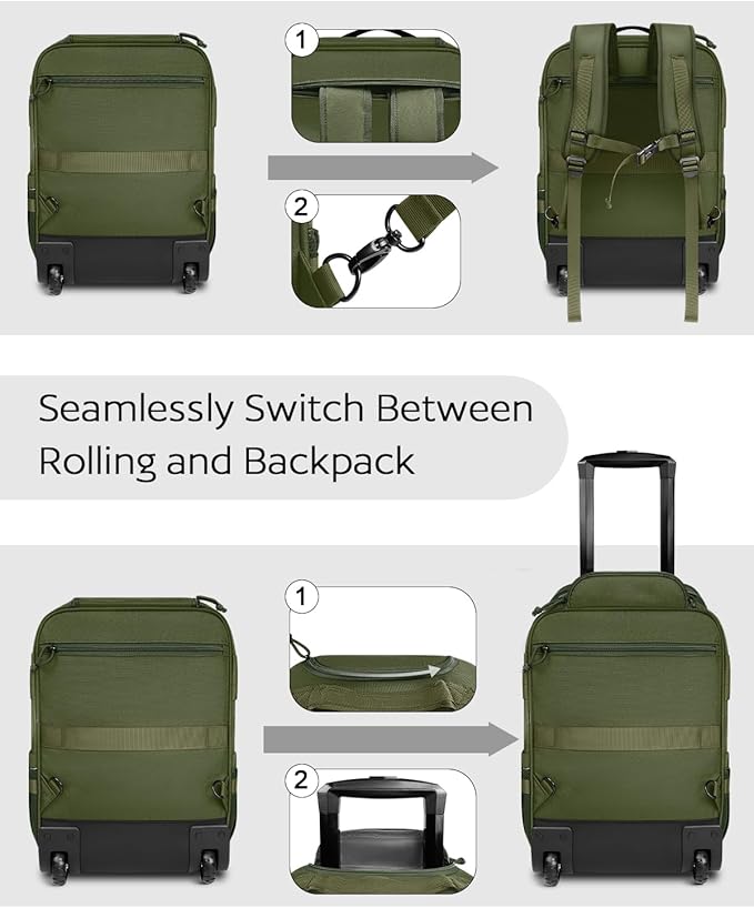 Rolling Tactical Laptop Backpack, 17 Inch Wheeled Military Computer Backpack for Men and Women, Roller Carry on Luggage for Work Travel, Overnight Molle Outdoor Hiking Bag with Wheels, Green