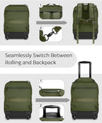 Rolling Tactical Laptop Backpack, 17 Inch Wheeled Military Computer Backpack for Men and Women, Roller Carry on Luggage for Work Travel, Overnight Molle Outdoor Hiking Bag with Wheels, Green