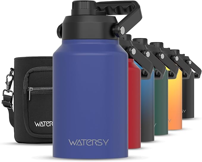 WATERSY Half Gallon Water Bottle Insulated(Cold for 48 Hrs),BPA Free&Leak Proof,64oz Stainless Steel Water Jug/Flask,Big thermo,Large Water Bottle with Handle for Gym,Hiking,Camping,Deep Blue