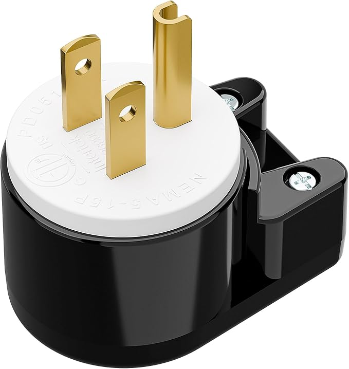 90 Degree USA Canada Male Plug, Plugrand Nema 5-15P 3 Pole Angle DIY Plug, 15A 125V USA 3Pin Right Angle AC Plugs, Nema 5-15P Angled Rewireable 12 Direction Male US 3Pole AC Connector, Black