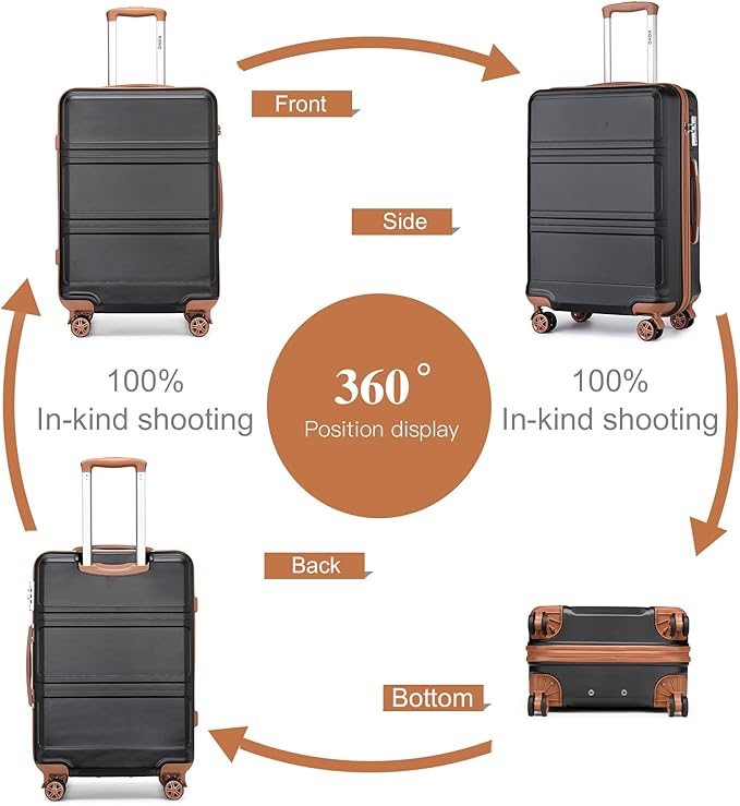 Kono 4 Piece Luggage Sets Expandable(only 28") Lightweight with Spinner Wheels TSA Lock Hardside Travel Rolling Suitcases 20in 24in 28in Carry on and 12in Mini Cosmetic Case Apricot Black