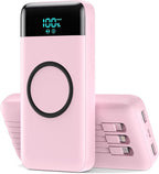 Wireless Portable Charger 40800mAh with 3 Built-in Cables,7-in-1 15W Wireless Charging Power Bank,25W PD QC 4.0 Fast Charging USB C LCD Display Battery Pack for iPhone 16/15/13,Samsung,Android-Pink
