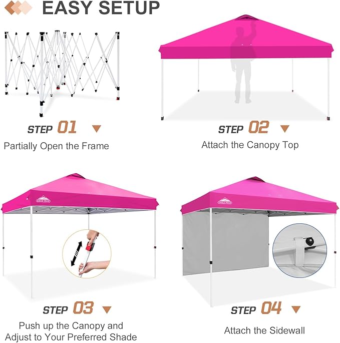 EAGLE PEAK Pop Up Canopy Tent with 1 Sidewall, Easy Setup Event Tent, Outdoor Sun Shade, Wheeled Carry Bag, Stakes and Guy Ropes, Instant Canopy 12x12, Pink