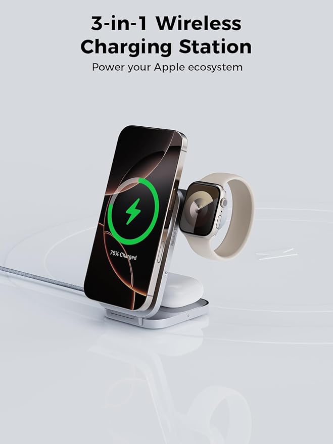 MagFusion Z 3-in-1 Charging Station Compatible with MagSafe, 15W Wireless Charger Foldable Qi2 Certified, Magnetic Charger for iPhone 17/16/15/14/13/12, AirPods 4/3/2/Pro, Apple Watch, Silver