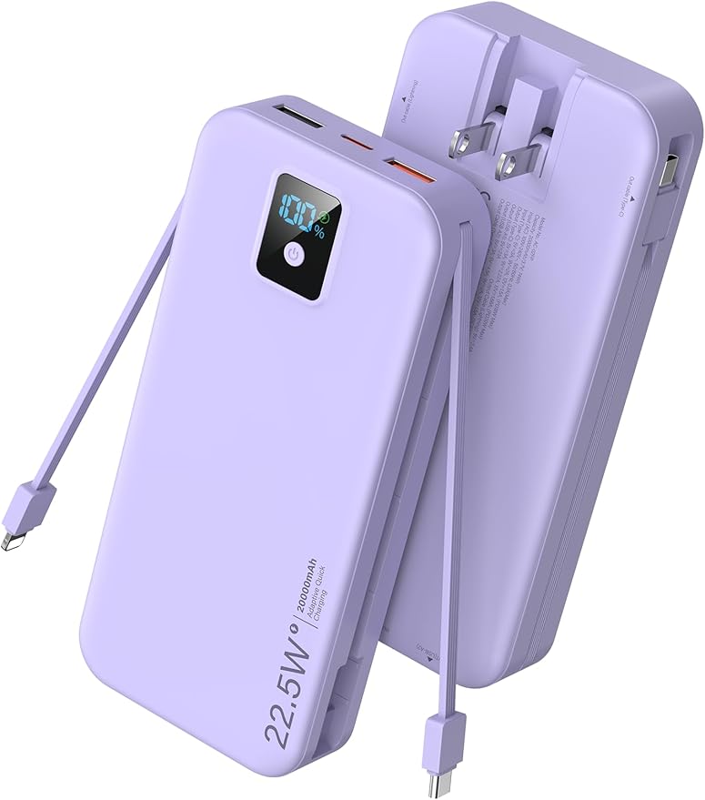 Portable Charger, 20000mAh 22.5W Fast Charging Power Bank with Built-in Cables & Wall Plug, Travel Essential Battery Pack with LED Display, USB C Battery Phone Charger for iPhone, iPad, Samsung Purple