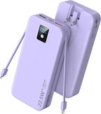 Portable Charger, 20000mAh 22.5W Fast Charging Power Bank with Built-in Cables & Wall Plug, Travel Essential Battery Pack with LED Display, USB C Battery Phone Charger for iPhone, iPad, Samsung Purple