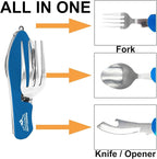 2Pcs Camping Flatware Foldable Utensils Detachable Portable and Versatile Stainless Steel Knife Fork Spoon and Bottle Opener Compact Outdoors Cutlery Pocket Knife Style - 2/pk (Blue)