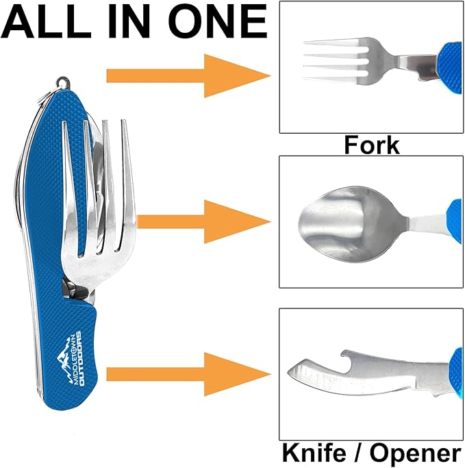 2Pcs Camping Flatware Foldable Utensils Detachable Portable and Versatile Stainless Steel Knife Fork Spoon and Bottle Opener Compact Outdoors Cutlery Pocket Knife Style - 2/pk (Blue)