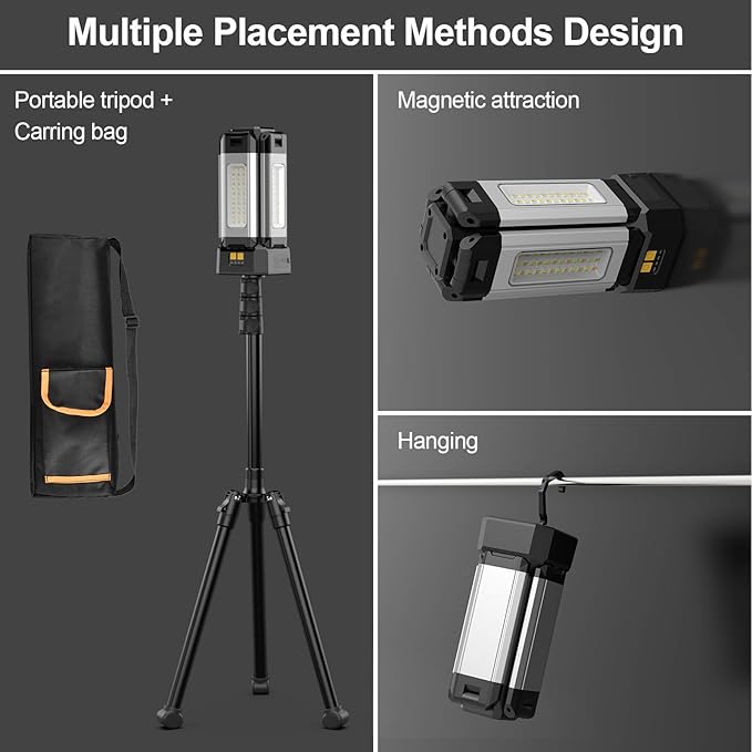 Upgraded Aluminum13200mAh Rechargeable Work Light with Folding Stand and Carrying Bag, 8000 Lumen Cordless Camping Light, White/Warm/Nature White with Detachable Tripod (Standard)