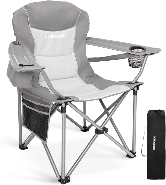 FUNDANGO Folding Camping Chair Heavy Duty, Oversized 440 Lbs Support Outdoor Camp Chairs with Lumbar Support & Cooler Pocket for Fishing Backyard Sports Beach Garden (Grey)