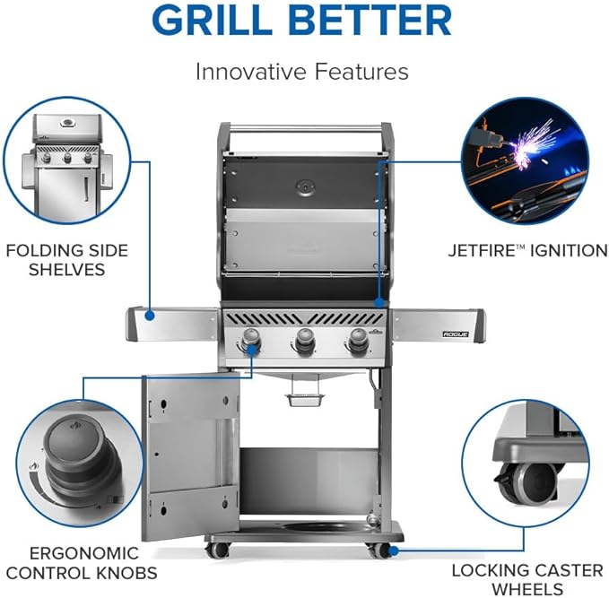 Napoleon Rogue 425 Propane Gas Grill, Stainless Steel, Durable 3-Burner Grill