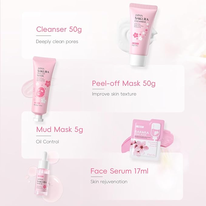 LAIKOU Sakura Skincare Set for Teen Girls, Complete 34PCS Face Care Kit, Christmas Pamper Gift Set for Women & Teenage Girls, Hydrating & Nourishing Travel-Friendly Daily Facial Skincare Routine
