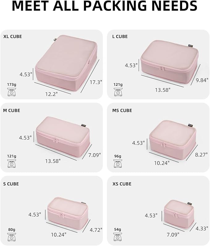 6 Set Compression Packing Cubes, Suitcase Storage Bags for Clothes and Travel Essentials (Dusty Pink)
