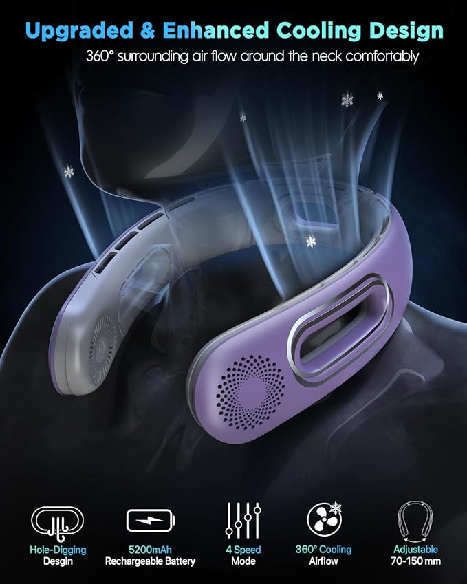 Neck Fan, Hands Free Bladeless Neck Fans Portable Rechargeable, 360° Cooling Neck Fan, 4 Speeds, Quiet, 5200 mAh Battery Operated USB Wearable Personal Fan Gifts for Women, Travel, Outdoor