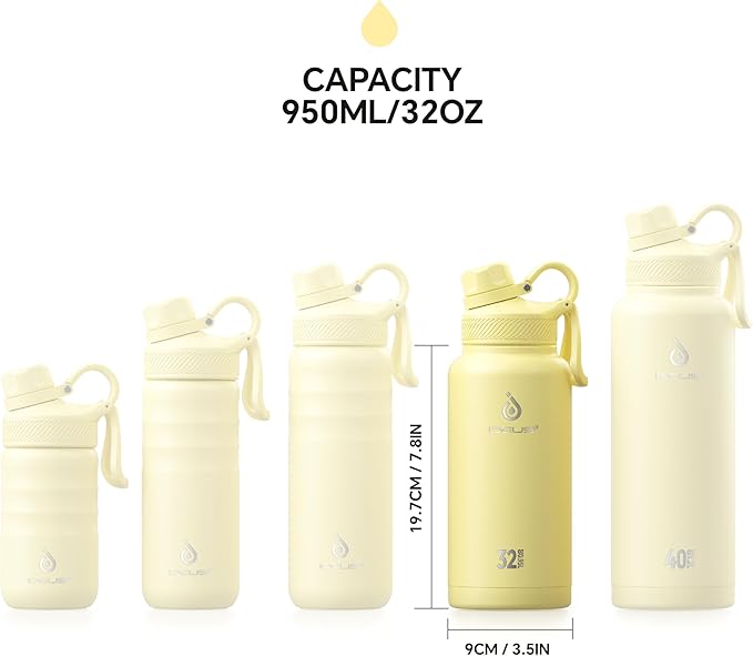 IDEUS Insulated Stainless Steel Water Bottle with 2 Leak-Proof Lids, Thermal Water Flask for Hiking Biking, 32oz, Light Yellow