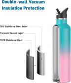 Stainless Steel Double Wall Water Bottles, Vacuum Insulated Bottle With Straw Lid, Insulated Water Bottle Keeps Water Cold for 24 Hours, Hot for 12 Hours, Hiking, Sports
