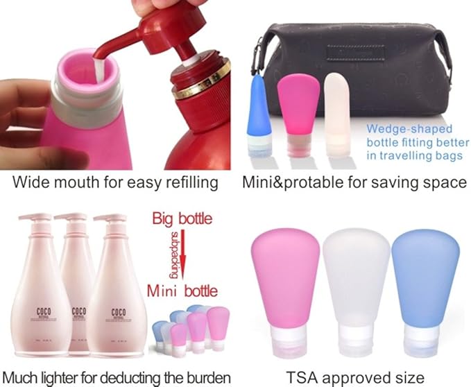 3 Pack Portable Food Grade Squeeze Silicone Liquid Travel Bottles For Shampoo, Conditioner, Lotion, Toiletries (3 OZ Pink + White + Blue)