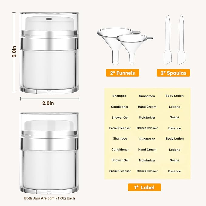 Travel Size Containers Airless Pump Jars with Label 30ml 1 Oz Acrylic Press Hand Cream Jar TSA Approve Leak Proof Refillable Lotion Dispenser Travel Containers for Toiletries Face Moisturizer - 2Pack