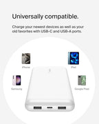 Belkin Portable Charger, USB C Power Bank 20000 mAh w/ 1xUSB-C Port & 2xUSB-A Ports, 15W w/Type-C to Type-A Cable - iPhone 17, Samsung Galaxy S25, Nintendo Switch 2, Google Pixel 10, etc. - White