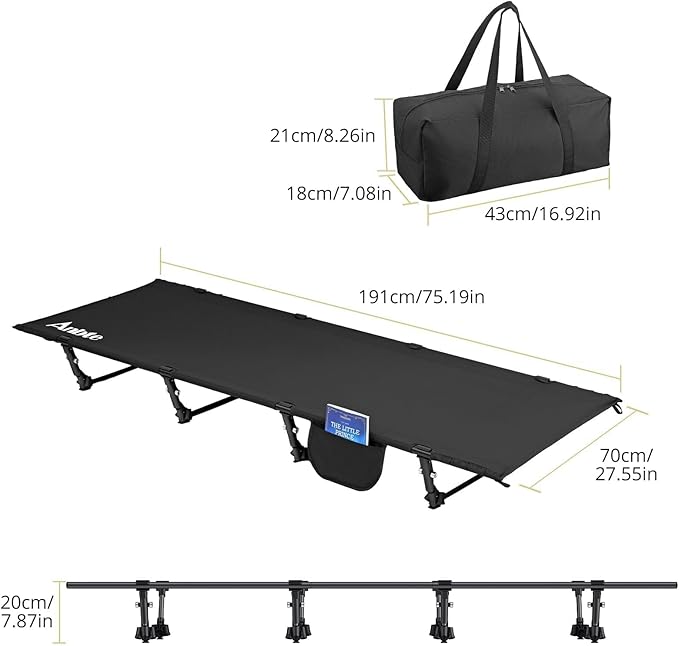 Ultralight Camping Cot Save Effort, Comfortable Camping Bed Supports 275 Lbs with Side Pocket, Compact Portable Backpacking Cot for Hiking, Travel, Truck, Beach, Office, Black