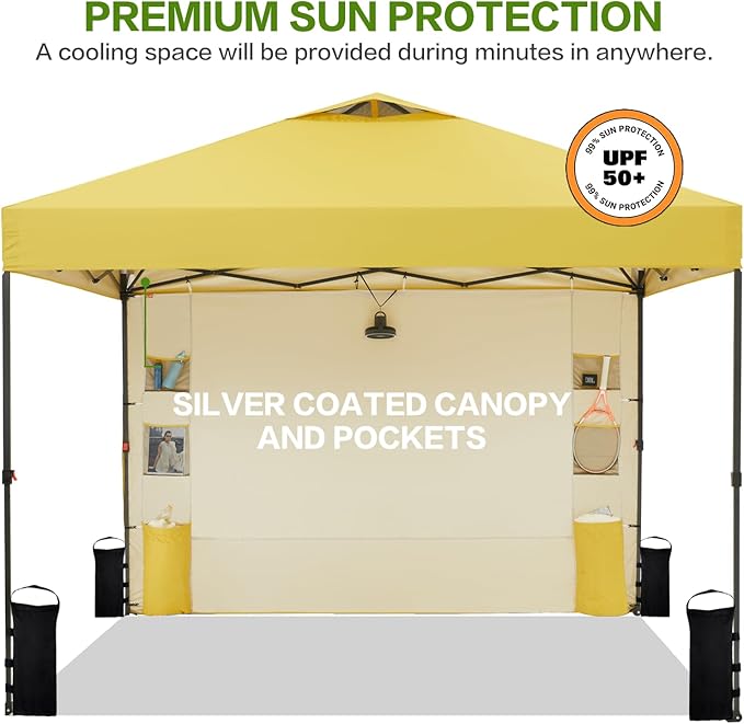 10'x10' Pop Up Canopy Tent with 1 Sidewall and 6 Pockets, One Push Setup, Instant Shade Tent with Vented Roof for Beach Patio Outdoor, Case, 8 Stakes, 4 Ropes, 4 Sandbags (Yellow, 10x10)