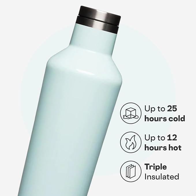 Corkcicle Classic Canteen Insulated Water Bottle - Stainless Steel Reusable Tumbler - Triple Insulated - Keeps Drinks Cold 25 Hours or Hot 12 Hours - Cupholder Friendly - Gloss Powder Blue - 25 oz