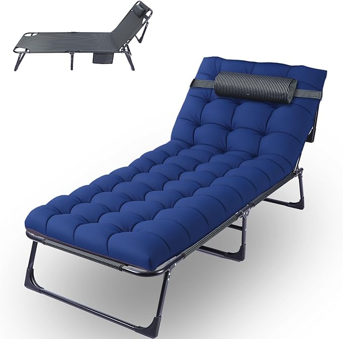 Oxford and Steel Frame 4-Angle Adjustable Foldable Bed Folding Camping Cot Bed with Extra Wide Padded Mattress Support for Adults Outdoor Travel Tent Use(Blue&Gray Mattress,L - 75 * 26'')