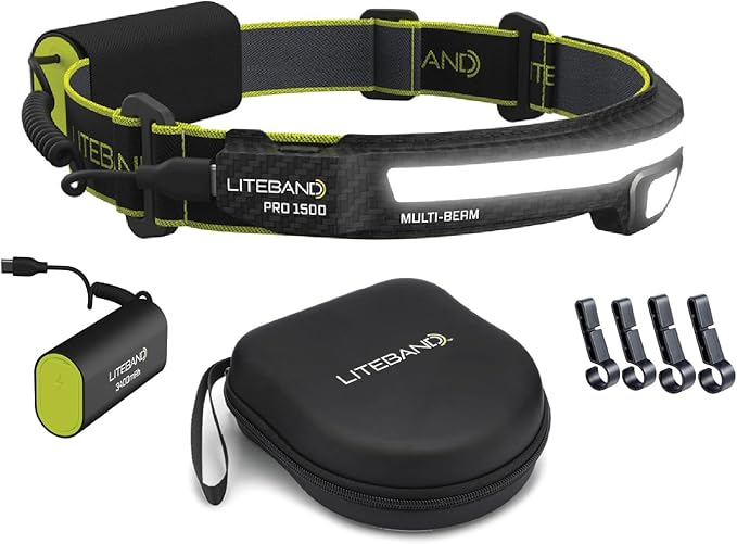 Liteband PRO Bundle 1500 Lumens LED Headlamp Rechargeable Battery Powered, Bright Tactical Head Lamp Flashlight Hard Hat Light, Mechanic Lamps, Camping, Running, Best Rated For Forehead, Carbon