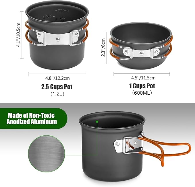 Odoland 8pcs Camping Cookware Mess Kit, Camping Pot and Pan Set with Mini Backpacking Stove, Stainless Steel Cup, Spork and Tank Bracket, Cooking Gear for Outdoor, Hiking, Picnic, Campfire