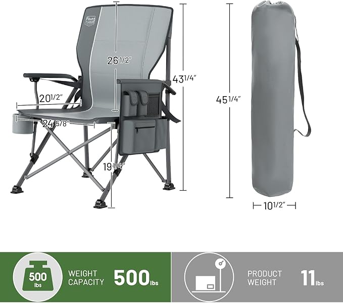 TIMBER RIDGE Oversized Folding Camping Chair with Lumbar Support Adjustable High Back Heavy Duty for Adults Support up to 500lbs with Cup Holder, Cooler Bag, Side Pocket, Grey