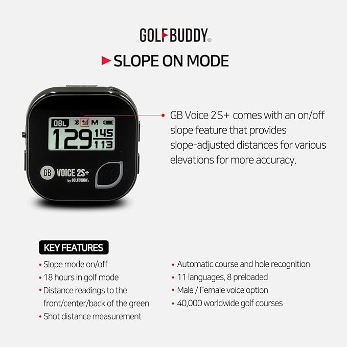 GolfBuddy Voice 2S+ Talking GPS Rangefinder Bundle with Official GolfBuddy Wristband Black – Audio Distance to Front/Center/Back, 18-Hour Battery, Preloaded Courses, Wearable Golf GPS Watch Conversion