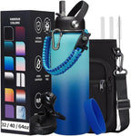 Stainless Steel Water Bottle 40oz - Insulated Water Bottle with Straw & Spout Lids, Survival Paracord, Strap Sleeve, Protective Cup Mat, Wide Mouth Thermo Jug Flask for Sports Gym or Office