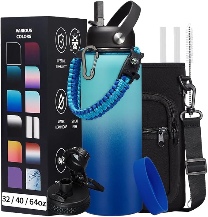 Stainless Steel Water Bottle 40oz - Insulated Water Bottle with Straw & Spout Lids, Survival Paracord, Strap Sleeve, Protective Cup Mat, Wide Mouth Thermo Jug Flask for Sports Gym or Office