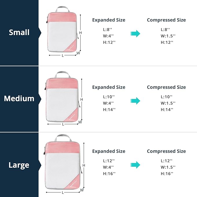 Compression Packing Cubes 6 Set, Compressible Space-Saving Packing Cubes for Travel - Compression Bags, Luggage Organizer, Travel Essentials for Women, Pink