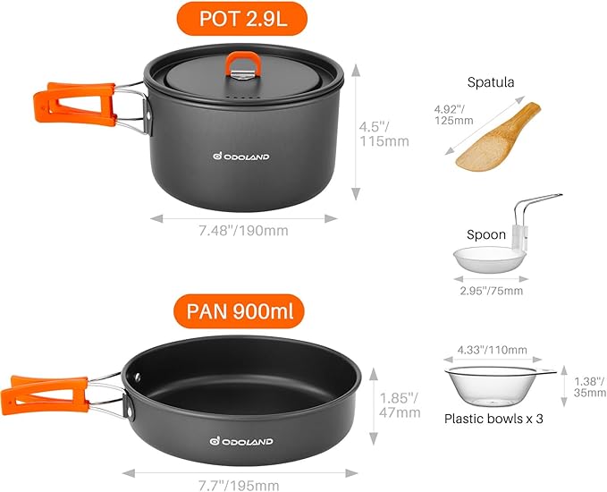Odoland 9pcs Camping Cookware Non-Stick Lightweight Pots and Pans Set with Plastic Bowls Soup Spoon for Backpacking, Outdoor Cooking and Picnic