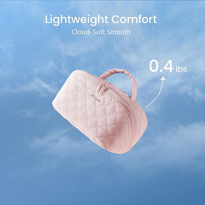 LOVEVOOK Travel Makeup Bag for Women, 2Pcs Puffer Waterproof Cosmetic Organizer, Large Capacity Pouch Open Flat Small Toiletry Bag with Brush Compartment & Handle (Pink-k, Medium)