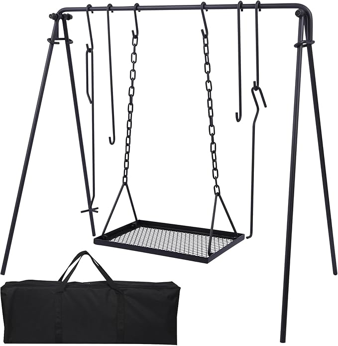 REDCAMP Swing Outdoor Campfire Grill Stand - Collapsible Campfire Cooking Rack with 6 Hooks & Iron Grill Grate, Portable Dutch Oven Hanger for Camping, Hiking, Cookware, Bonfire, Rectangle