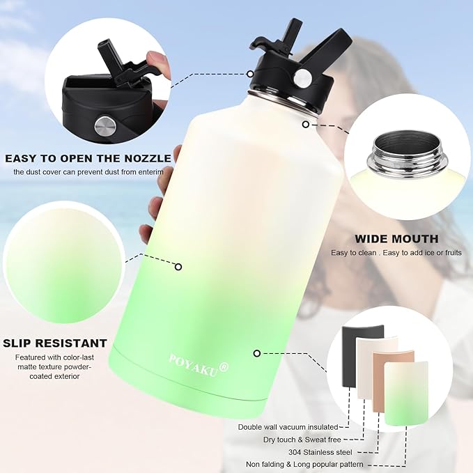 Water Bottle Insulated 32oz 40oz 64oz 128oz Straw Lid Spout Lid & 3 Lids, Leak Proof, Vacuum Insulated,Stainless Steel Water Bottle Wide Mouth for Sports, Gym or Office