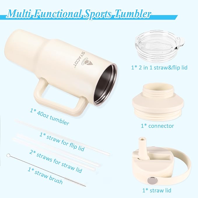 40 oz Tumbler with Handle and Straw or Convert to 40 oz Insulated Water Bottle Fits in Cup Holder. Stainless Steel Metal Water Flask with 2 Lids for Travel,Camping,Gym Sports Coffee Mug Thermal Cup