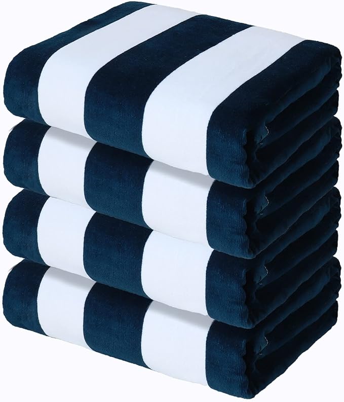 Exclusivo Mezcla 4 Pack Cotton Oversized 35x70 Inches Soft Cabana Stripe Thick Beach Towel, Super Absorbent Travel Bath Pool Towel (Dark Navy)