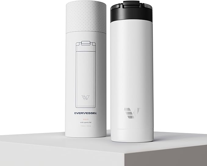 Maxi Stainless Steel Water Bottle 26oz - Double wall vacuum insulated | Integrated carry handle | leak proof flip top lid | Lightweight & stylish - White