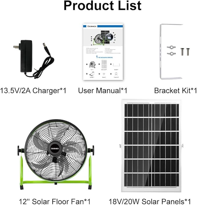 12'' Solar Powered Floor Fan Rechargeble,18000mAh Battery Operated Fan 5-Blade Solar Portable Outdoor Fan 360° Tilt for Outside, Greenhouse, Camping, Shed